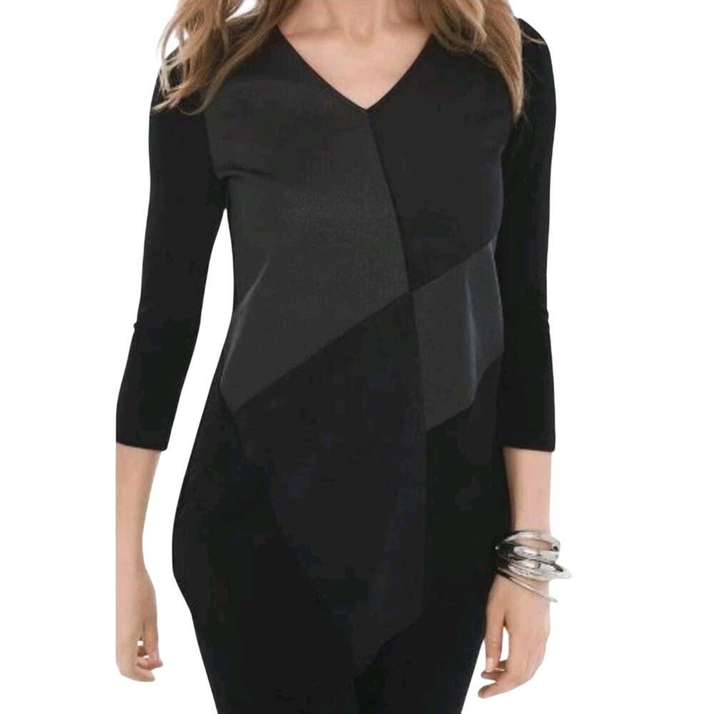 Chico’s Travelers Black Tunic Top Mixed Media Velour Assymetrical Sz 3 US 16